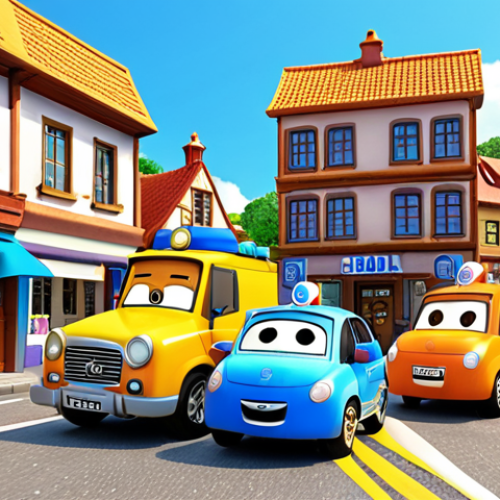 Home 4 **
Prompt: "A vibrant and detailed 3D rendering of Broomstown from 'Robocar Poli.' Focus on the bright colors of the buildings and vehicles. Robocar Poli, Amber, Roy, and Helly are rescuing a car from a minor traffic accident. Show the teamwork and helpfulness. The style is cheerful and appealing to young children. The sun is shining."
**
