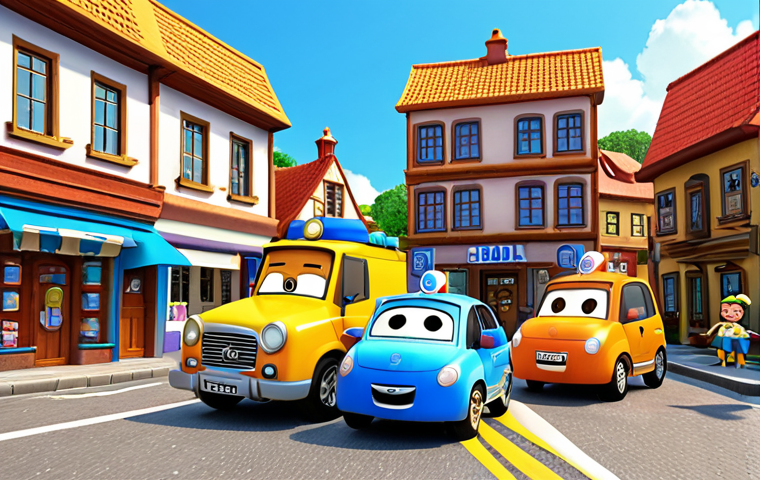 **
Prompt: "A vibrant and detailed 3D rendering of Broomstown from 'Robocar Poli.' Focus on the bright colors of the buildings and vehicles. Robocar Poli, Amber, Roy, and Helly are rescuing a car from a minor traffic accident. Show the teamwork and helpfulness. The style is cheerful and appealing to young children. The sun is shining."
**