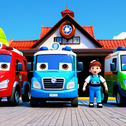 Home 27 The Robocar Poli rescue team, featuring Poli, Amber, Roy, and Helly, in their standard, well-maintained forms. Each character is presented with their iconic colors and complete, fully functional vehicle components, appropriate for children's animation. They are gathered confidently outside the bustling Brooms Town Rescue Station, under a clear, bright sky. The station is clean and well-maintained in the background. The team is posed in a natural, ready-for-action stance, conveying their unity and readiness to help the community, symbolizing teamwork and reliability. Professional 3D animation style, correct proportions, accurate vehicle models, well-rendered details, natural body proportions for vehicles, high-quality children's content, safe for work, appropriate content, fully clothed, family-friendly.