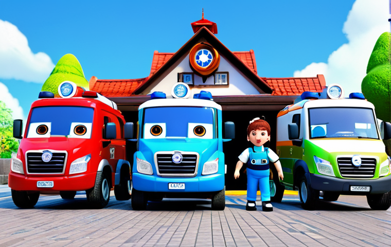 The Robocar Poli rescue team, featuring Poli, Amber, Roy, and Helly, in their standard, well-maintained forms. Each character is presented with their iconic colors and complete, fully functional vehicle components, appropriate for children's animation. They are gathered confidently outside the bustling Brooms Town Rescue Station, under a clear, bright sky. The station is clean and well-maintained in the background. The team is posed in a natural, ready-for-action stance, conveying their unity and readiness to help the community, symbolizing teamwork and reliability. Professional 3D animation style, correct proportions, accurate vehicle models, well-rendered details, natural body proportions for vehicles, high-quality children's content, safe for work, appropriate content, fully clothed, family-friendly.