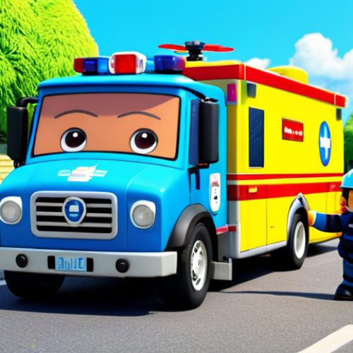 Home 26 A professional animated scene showcasing the Robocar Poli rescue team: Poli, a sleek blue police car; Roy, a powerful red fire truck; Amber, a compassionate pink ambulance; and Helly, an agile green helicopter. They are depicted in natural poses, demonstrating seamless teamwork as they collaboratively assist a smaller, yellow construction vehicle that appears in minor distress, perhaps having lost an item or encountered a small obstacle. The setting is the cheerful, well-maintained Brooms Town, featuring clean roads and vibrant, modest buildings under a clear, sunny sky. The vehicles exhibit perfectly formed components and correct robotic proportions. Full shot, cinematic animation style, high quality, vibrant colors, soft lighting, safe for work, appropriate content, fully clothed, professional, family-friendly.