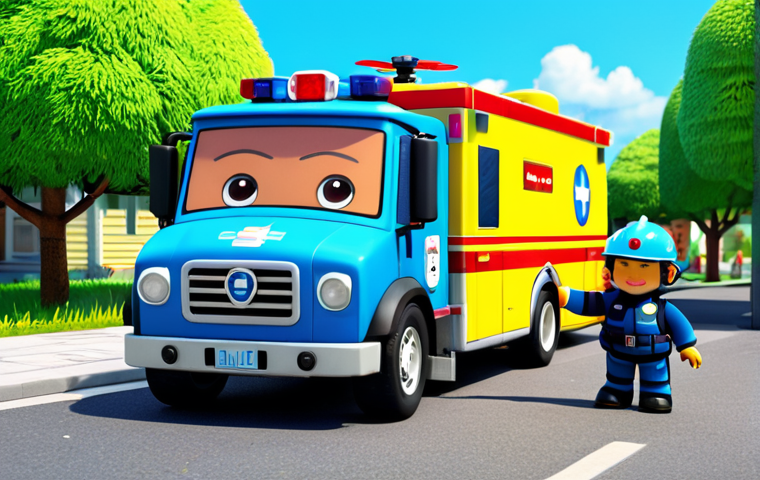 A professional animated scene showcasing the Robocar Poli rescue team: Poli, a sleek blue police car; Roy, a powerful red fire truck; Amber, a compassionate pink ambulance; and Helly, an agile green helicopter. They are depicted in natural poses, demonstrating seamless teamwork as they collaboratively assist a smaller, yellow construction vehicle that appears in minor distress, perhaps having lost an item or encountered a small obstacle. The setting is the cheerful, well-maintained Brooms Town, featuring clean roads and vibrant, modest buildings under a clear, sunny sky. The vehicles exhibit perfectly formed components and correct robotic proportions. Full shot, cinematic animation style, high quality, vibrant colors, soft lighting, safe for work, appropriate content, fully clothed, professional, family-friendly.
