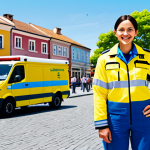 **

A professional female rescuer in a bright yellow and blue uniform, fully clothed in modest and appropriate attire, standing confidently next to a friendly rescue vehicle in a clean, sunny, animated town square. Background includes colorful buildings and happy townspeople. Safe for work, appropriate content, family-friendly, perfect anatomy, correct proportions, natural pose, well-formed hands, proper finger count, natural body proportions, professional illustration.

**