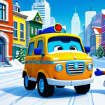 Rescue in the City**

"A brightly colored cartoon cityscape with snow. Robocar Poli and his team (Roy, Amber, Helly) are assisting a family car stuck in the snow. The scene is cheerful and optimistic. Fully clothed characters, appropriate content, safe for work, family-friendly, perfect anatomy, natural proportions, professional digital art."

**