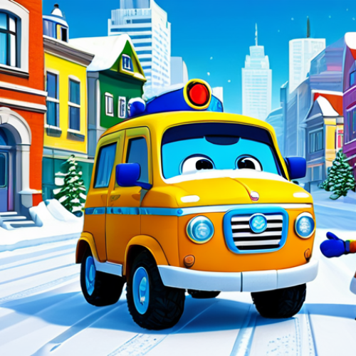 Home 12 Rescue in the City**
"A brightly colored cartoon cityscape with snow. Robocar Poli and his team (Roy, Amber, Helly) are assisting a family car stuck in the snow. The scene is cheerful and optimistic. Fully clothed characters, appropriate content, safe for work, family-friendly, perfect anatomy, natural proportions, professional digital art."
**