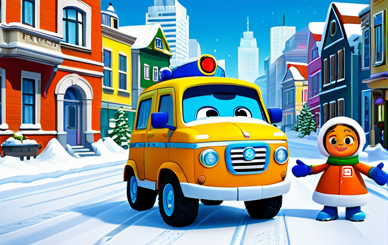 Rescue in the City**

"A brightly colored cartoon cityscape with snow. Robocar Poli and his team (Roy, Amber, Helly) are assisting a family car stuck in the snow. The scene is cheerful and optimistic. Fully clothed characters, appropriate content, safe for work, family-friendly, perfect anatomy, natural proportions, professional digital art."

**