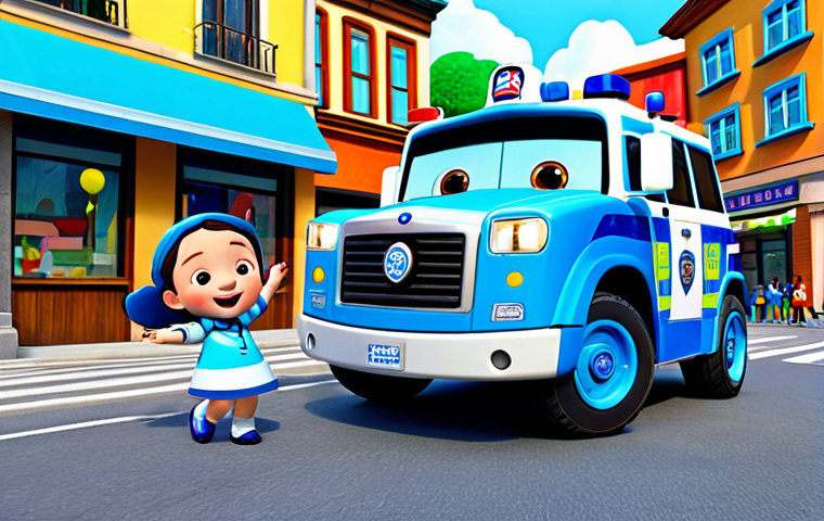 로보카폴리와 색채 심리학 - Poli to the Rescue!**
"A vibrant scene of Robocar Poli, the blue transforming police car, respondin...