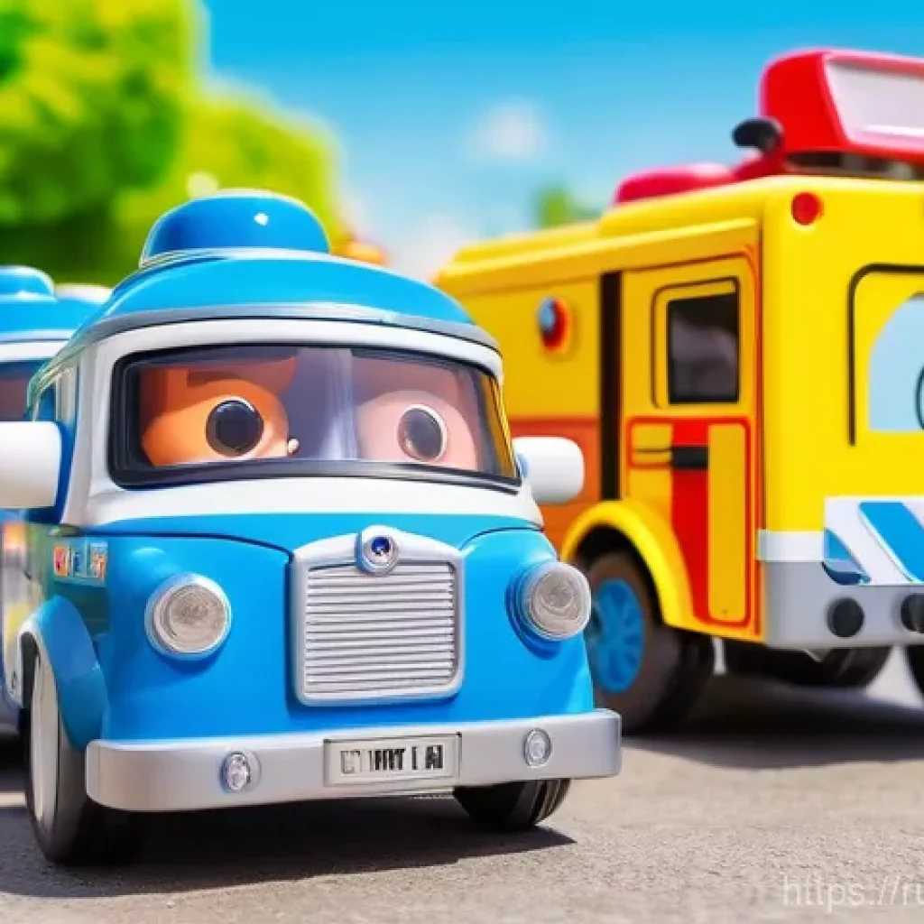 로보카폴리 전시회 - A vibrant, cheerful scene set in a miniature, toy-like Brums Town. A diverse group of happy children...