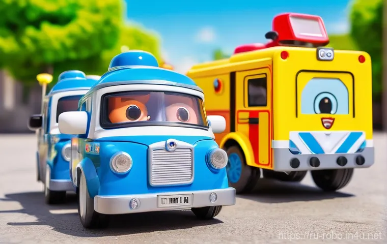 로보카폴리 전시회 - A vibrant, cheerful scene set in a miniature, toy-like Brums Town. A diverse group of happy children...