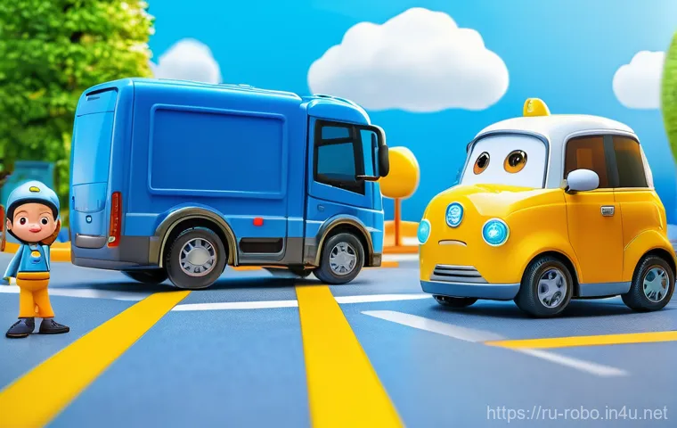 로보카폴리 전시회 - A vibrant, cheerful scene set in a miniature, toy-like Brums Town. A diverse group of happy children...