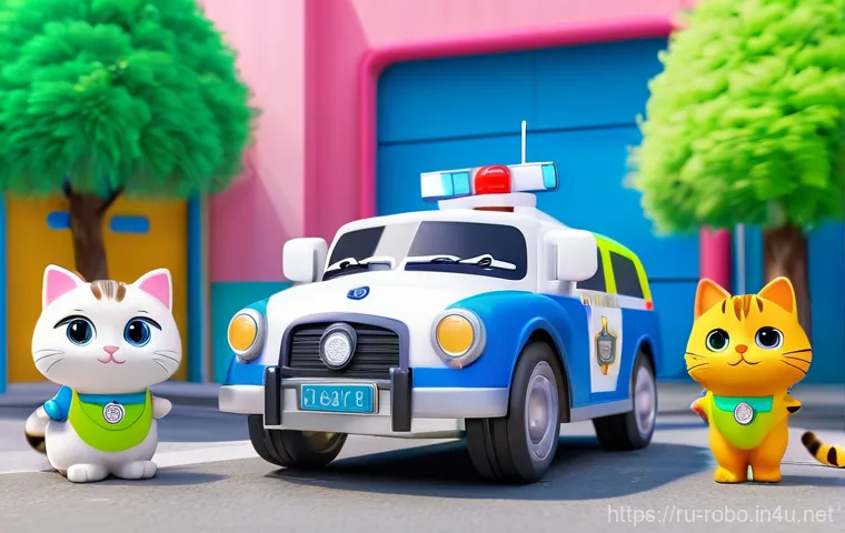 로보카폴리와 글로벌 반응 - An animated scene in the vibrant Brooms Town. Robocar Poli (blue police car), Robocar Amber (pink an...