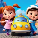 로보카폴리 애니메이션 리뷰 - A vibrant 3D animated scene in the style of popular children's TV shows. Robocar Poli, Roy, Amber, a...