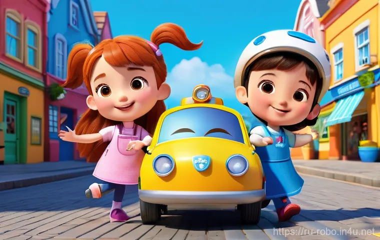 로보카폴리 애니메이션 리뷰 - A vibrant 3D animated scene in the style of popular children's TV shows. Robocar Poli, Roy, Amber, a...