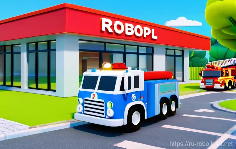 로보카폴리 애니메이션 리뷰 - A vibrant 3D animated scene in the style of popular children's TV shows. Robocar Poli, Roy, Amber, a... 로보카폴리 애니메이션 리뷰 - A vibrant 3D animated scene in the style of popular children's TV shows. Robocar Poli, Roy, Amber, a...