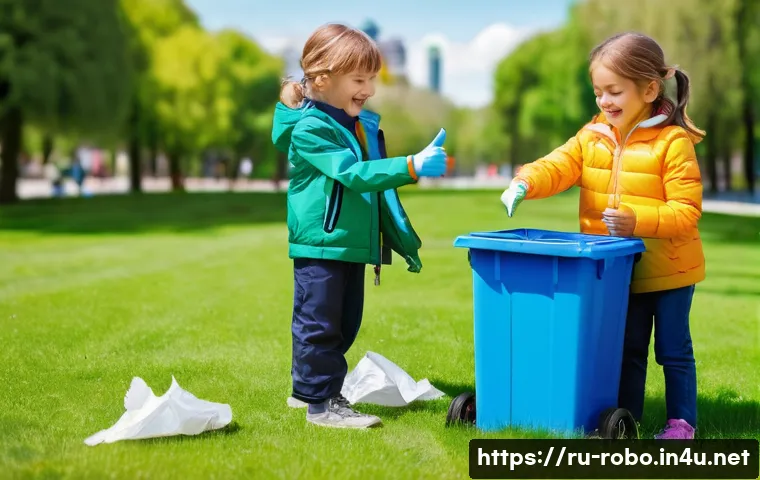 로보카폴리와 환경 보호 메시지 - **Prompt:** A group of cheerful children, aged 5-8, dressed in colorful, age-appropriate play clothe...