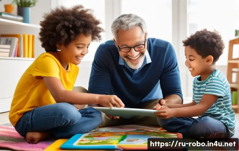 로보카폴리와 키즈 교육 프로그램 - **Prompt:** A cozy and brightly lit living room in a modern home, featuring a diverse group of two c...