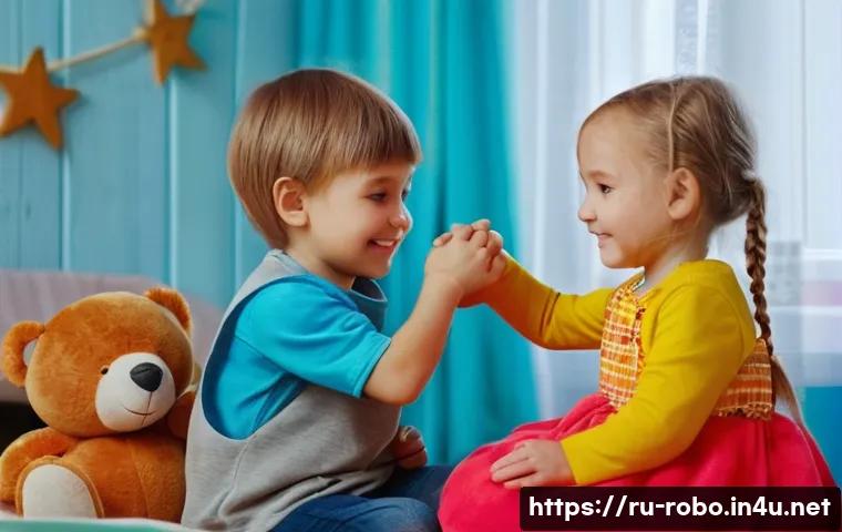 로보카폴리 상품화 비하인드 - A cheerful 7-year-old Russian boy and a 6-year-old Russian girl are happily playing in a cozy, brigh...