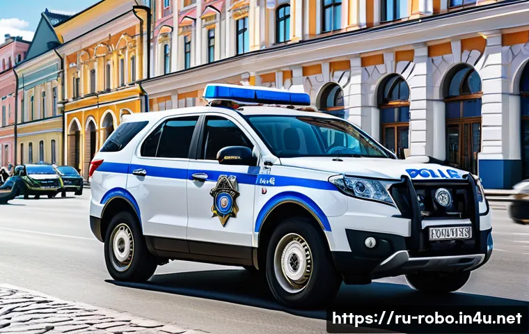 로보카폴리 정비소 이야기 - A vibrant and detailed scene of a brave police car named Poli, depicted as a friendly, anthropomorph...