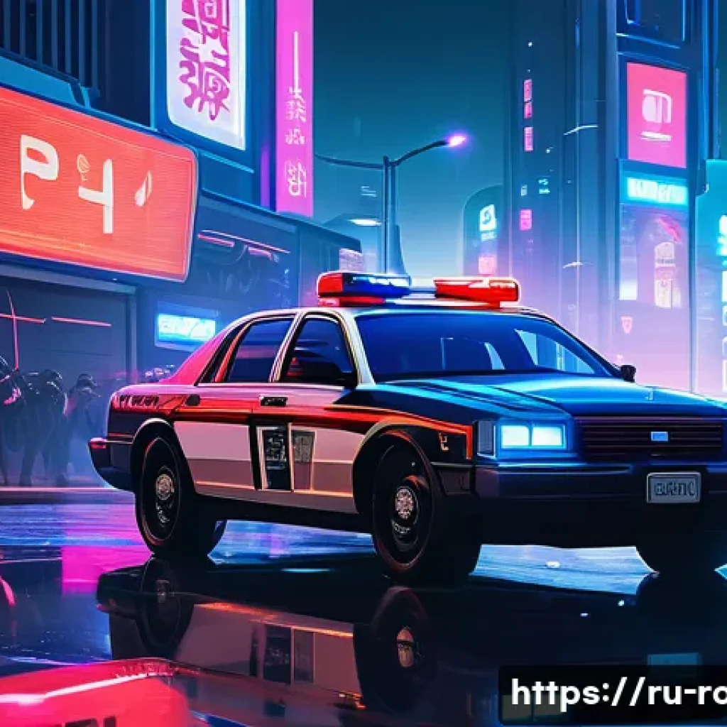 로보카폴리 팬아트 공모전 - A vibrant and detailed fan-art scene featuring Poli, the brave police car, depicted in a cyberpunk c...