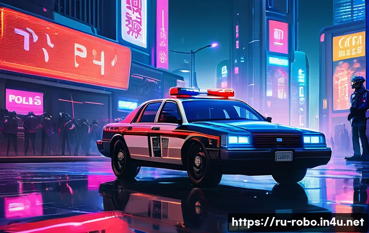 로보카폴리 팬아트 공모전 - A vibrant and detailed fan-art scene featuring Poli, the brave police car, depicted in a cyberpunk c...