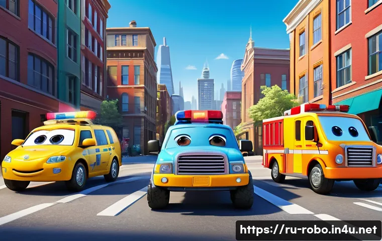 로보카폴리 애니메이션 추천 - A vibrant, colorful scene featuring five animated rescue vehicles designed as friendly characters fo...