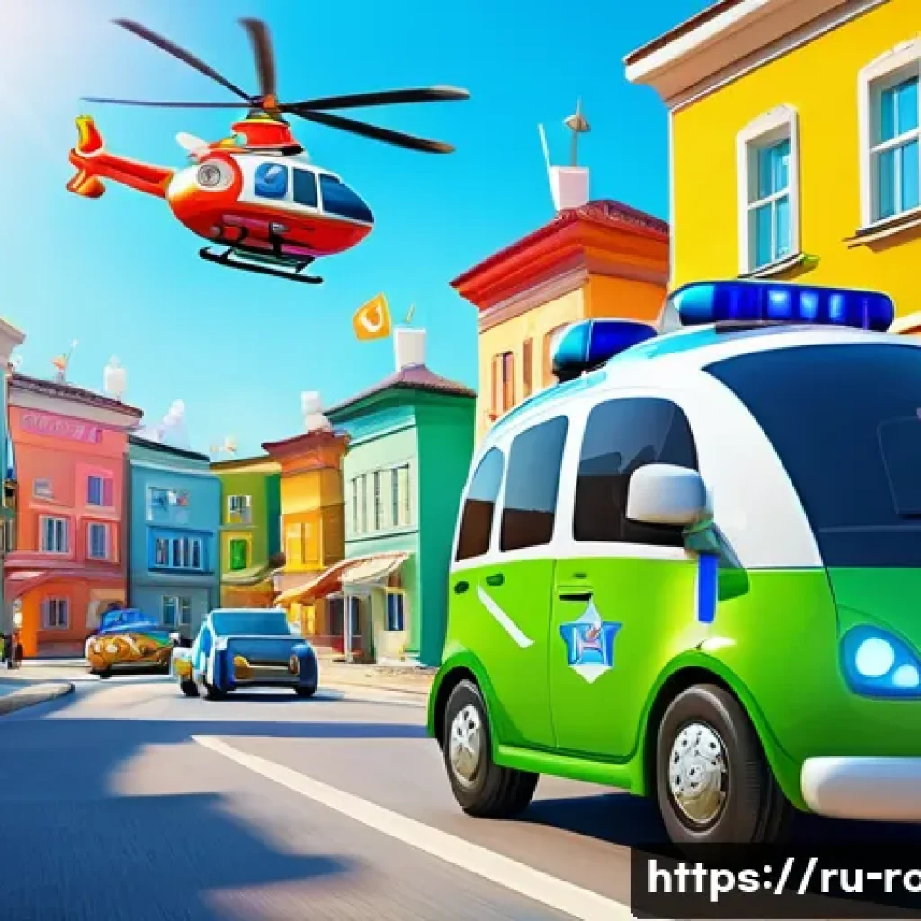 로보카폴리와 사회적 메시지 - A vibrant, detailed scene of cartoon rescue vehicles inspired by &ldquo;Robocar Poli,&rdquo; featuring a friendl...