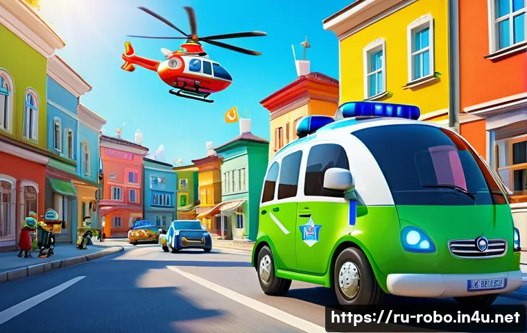 로보카폴리와 사회적 메시지 - A vibrant, detailed scene of cartoon rescue vehicles inspired by &ldquo;Robocar Poli,&rdquo; featuring a friendl...