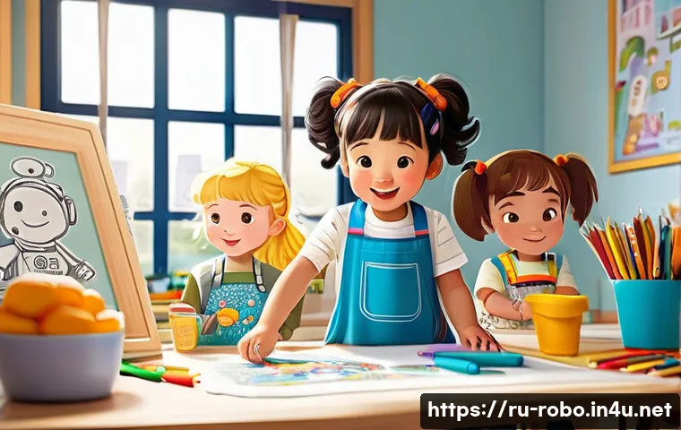 로보카폴리 팬들의 활동과 기여 - A vibrant fan art scene featuring children and teenagers gathered in a cozy, sunlit art studio, coll...