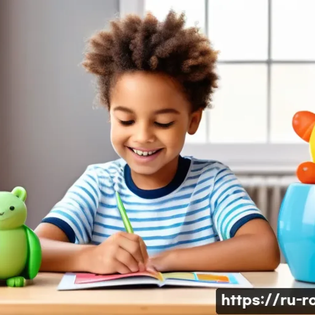 로보카폴리 관련 퀴즈북 - A cozy home learning scene featuring a young child sitting at a small desk with colorful quiz cards ...