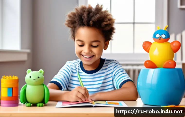 로보카폴리 관련 퀴즈북 - A cozy home learning scene featuring a young child sitting at a small desk with colorful quiz cards ...