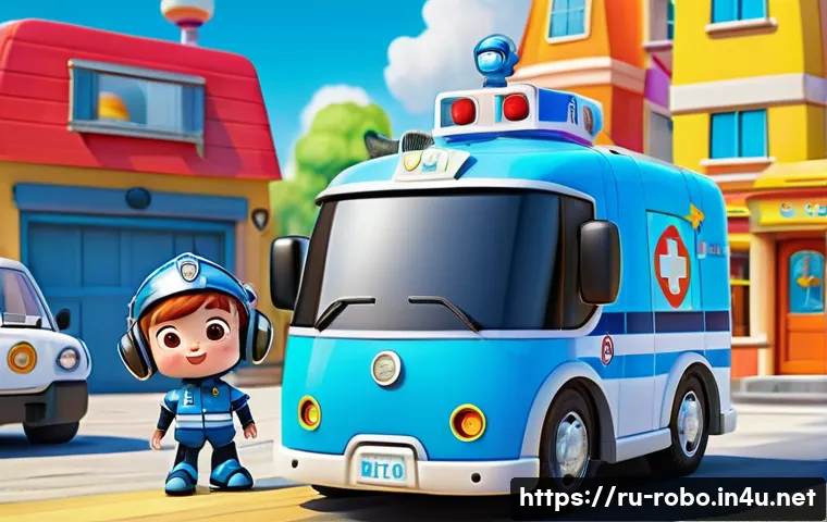 로보카폴리 캐릭터의 매력 - A vibrant and colorful scene featuring the main characters of Robocar Poli as friendly anthropomorph...
