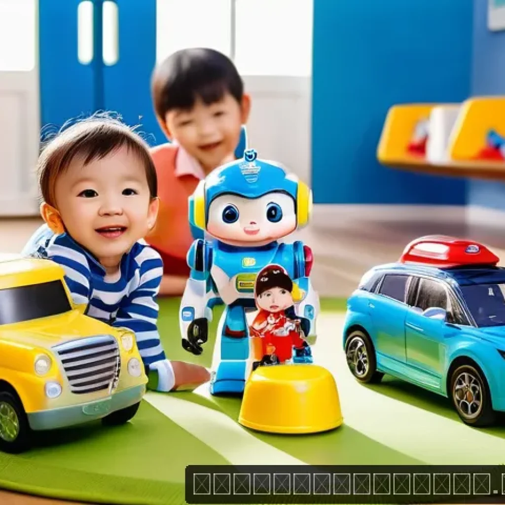 로보카폴리 캐릭터 상품 - A vibrant scene featuring Robocar Poli characters as transforming toys: detailed plastic action figu...
