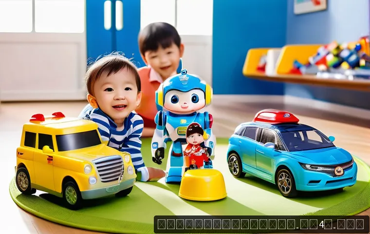 로보카폴리 캐릭터 상품 - A vibrant scene featuring Robocar Poli characters as transforming toys: detailed plastic action figu...