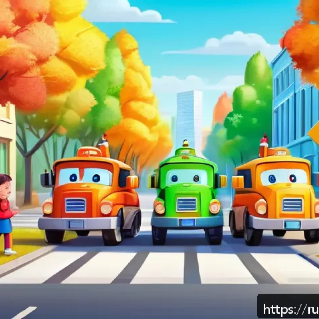 로보카폴리 콘텐츠 분석 - A colorful animated scene depicting a cheerful group of cartoon rescue vehicles resembling friendly ...