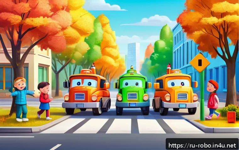로보카폴리 콘텐츠 분석 - A colorful animated scene depicting a cheerful group of cartoon rescue vehicles resembling friendly ...