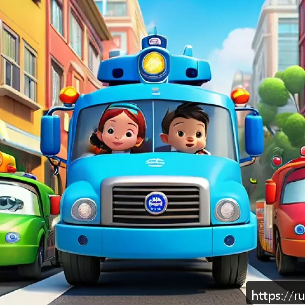 로보카폴리의 세계관 - A vibrant 3D scene featuring the main characters of Robocar Poli in their colorful rescue vehicle fo...