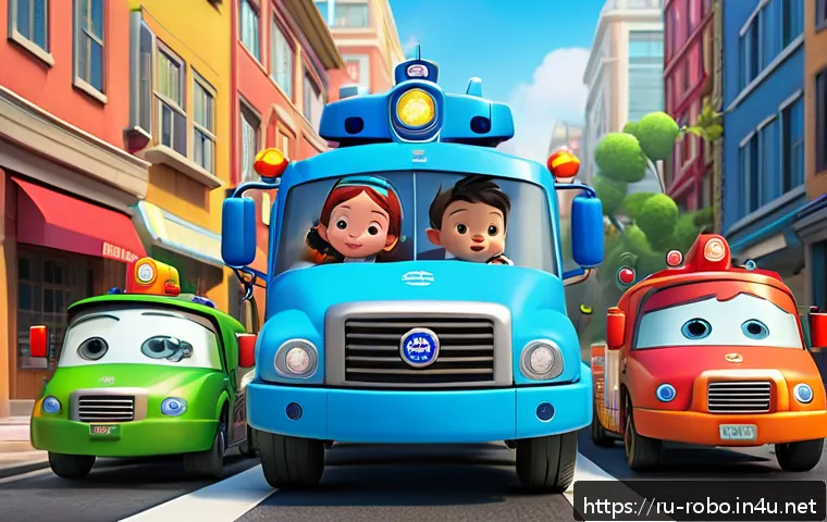 로보카폴리의 세계관 - A vibrant 3D scene featuring the main characters of Robocar Poli in their colorful rescue vehicle fo...