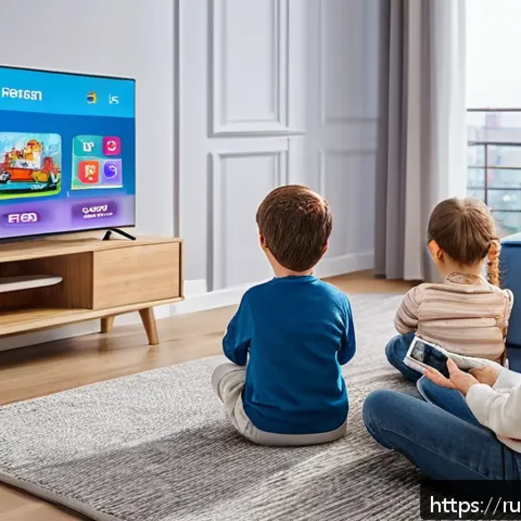 로보카폴리 쿠팡플레이 - A cozy family living room scene with a Russian-speaking family watching Robocar Poli on a large smar...