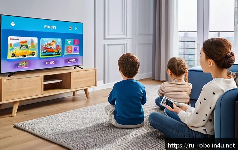 로보카폴리 쿠팡플레이 - A cozy family living room scene with a Russian-speaking family watching Robocar Poli on a large smar...