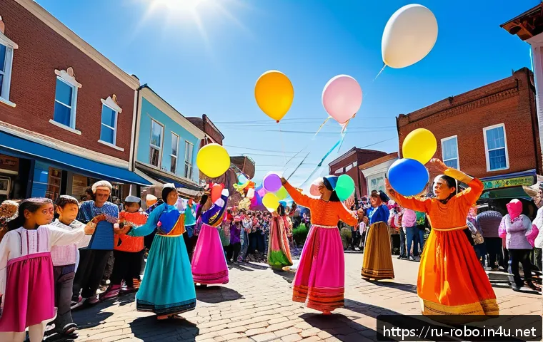 로보카폴리 브룸스타운 문화 - A vibrant spring festival scene in the town square of Brumstown, showing diverse families and childr...