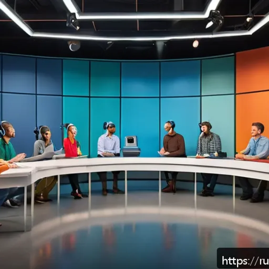 로보카폴리 더빙 배우 - A professional voice actor studio scene showing a diverse group of adult voice actors recording line...