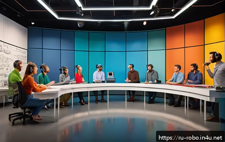 로보카폴리 더빙 배우 - A professional voice actor studio scene showing a diverse group of adult voice actors recording line...