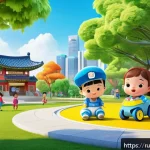 Home 21 로보카폴리 팬스토리 - A lively city playground scene featuring Robocar Poli characters interacting with children wearing c...