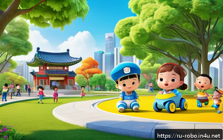 로보카폴리 팬스토리 - A lively city playground scene featuring Robocar Poli characters interacting with children wearing c...