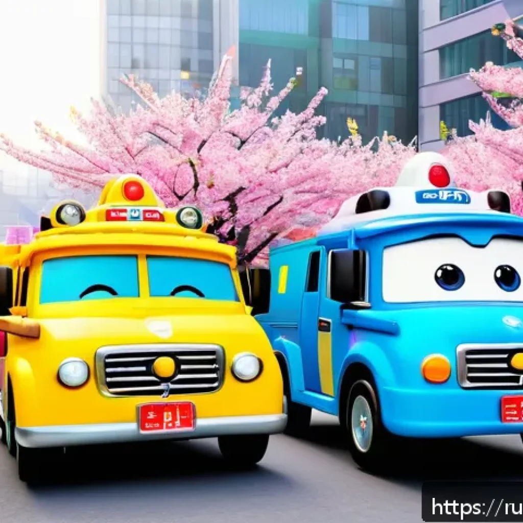 로보카폴리 OST - A vibrant and joyful scene featuring cartoon rescue vehicles from Robocar Poli, each with their own ...