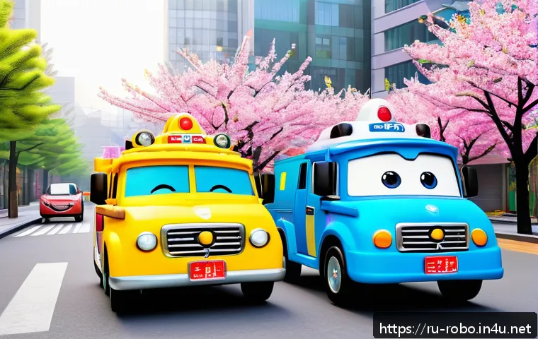 로보카폴리 OST - A vibrant and joyful scene featuring cartoon rescue vehicles from Robocar Poli, each with their own ...