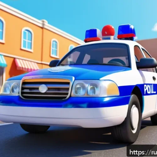 Home 31 로보카폴리 에피소드 제작 비하인드 - A friendly and colorful 3D animated police car character designed for children, with soft rounded ed...