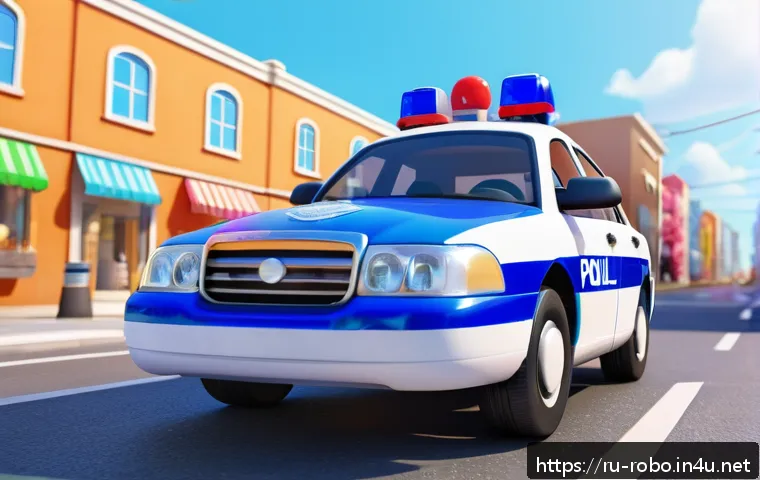 로보카폴리 에피소드 제작 비하인드 - A friendly and colorful 3D animated police car character designed for children, with soft rounded ed...