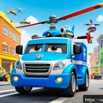 Home 18 로보카폴리 관련 퀴즈 - A vibrant and detailed scene of the Robocar Poli rescue team in action within the colorful city of B...