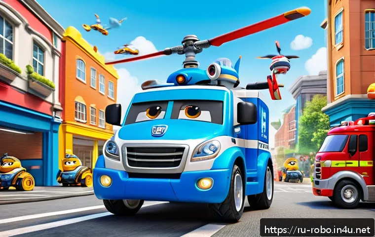 로보카폴리 관련 퀴즈 - A vibrant and detailed scene of the Robocar Poli rescue team in action within the colorful city of B...